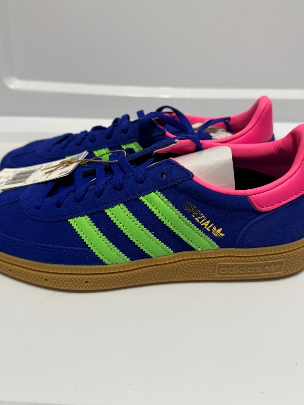 Adidas Handball Spezial Sneakers Blue Suede Neon Green Stripes Bright Pink Heel,